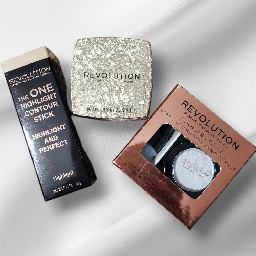 Revolution 3pc Set Jelly Highlighter Flawless Foils & TheOne Highlight Stick NEW